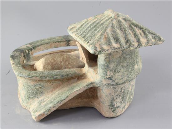 A Chinese green glazed pottery model of a pig sty, Han dynasty or later, width 23cm